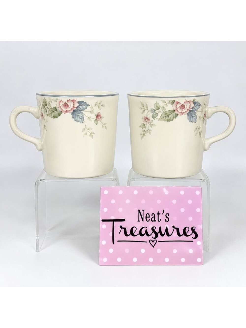 Vintage Pfaltzgraff WYNDHAM Stoneware Pink Gray Floral Castle Mark 8oz Cup Set 2